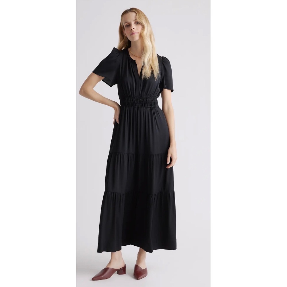 Quince Washable Stretch Silk Tiered Maxi Dress — Black XS NWT